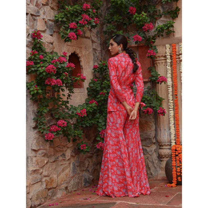 Gazab By Miku Kumar Red Carnation Sharara with Jacket and Belt (Set of 3)