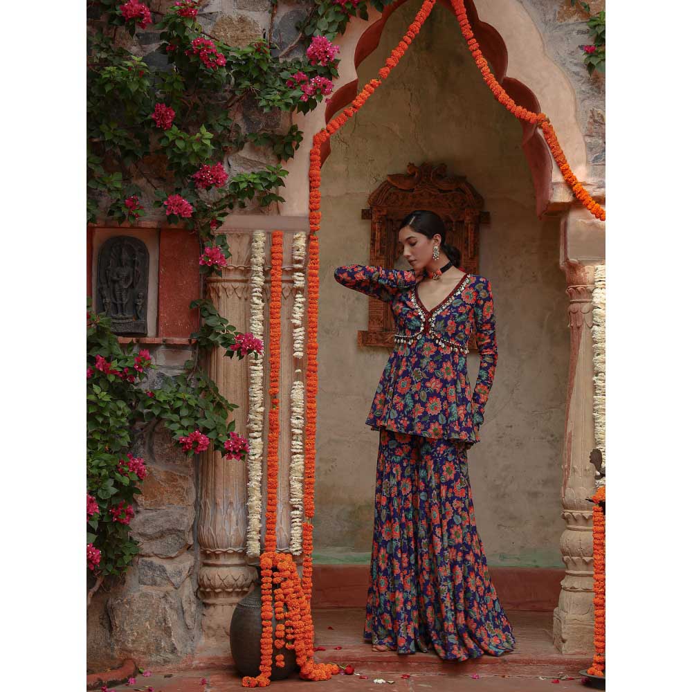 Gazab By Miku Kumar Blue Hyacinth Peplum Top with Sharara (Set of 2)