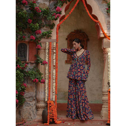 Gazab By Miku Kumar Blue Hyacinth Peplum Top with Sharara (Set of 2)