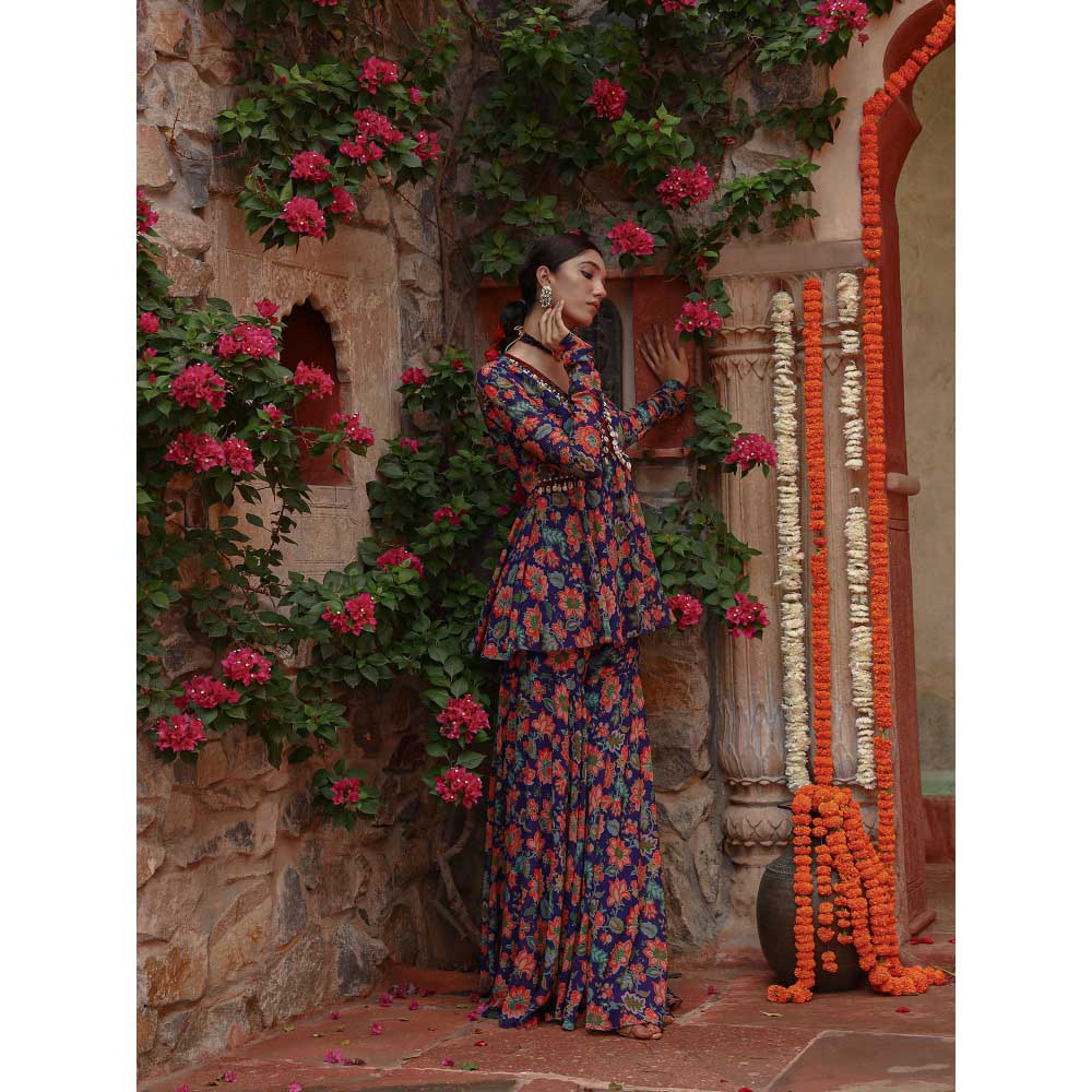 Gazab By Miku Kumar Blue Hyacinth Peplum Top with Sharara (Set of 2)