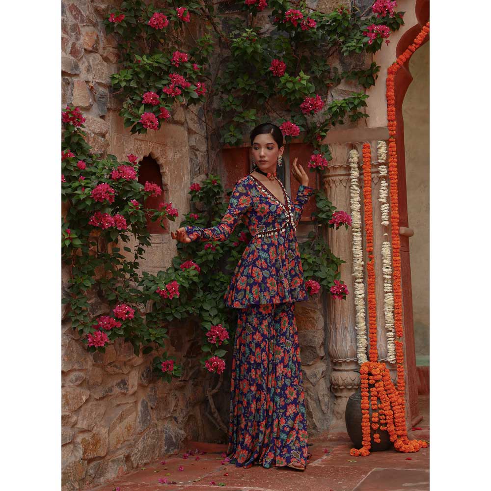 Gazab By Miku Kumar Blue Hyacinth Peplum Top with Sharara (Set of 2)