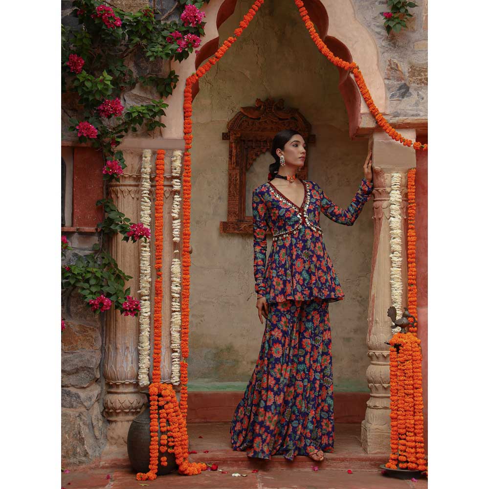 Gazab By Miku Kumar Blue Hyacinth Peplum Top with Sharara (Set of 2)