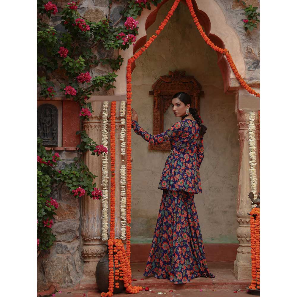 Gazab By Miku Kumar Blue Hyacinth Peplum Top with Sharara (Set of 2)