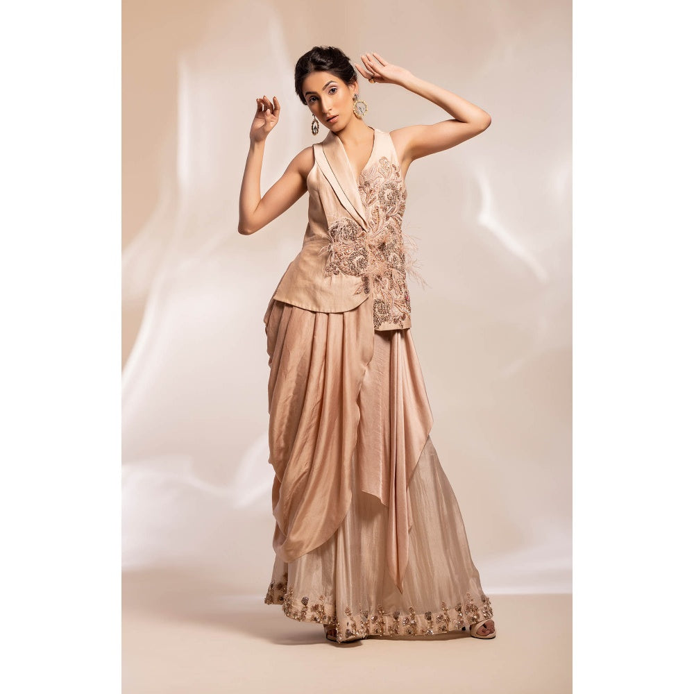 GEE SIN by Geetanjali Singh Champaign Jacket with a Chiffon Sharara (Set of 2)