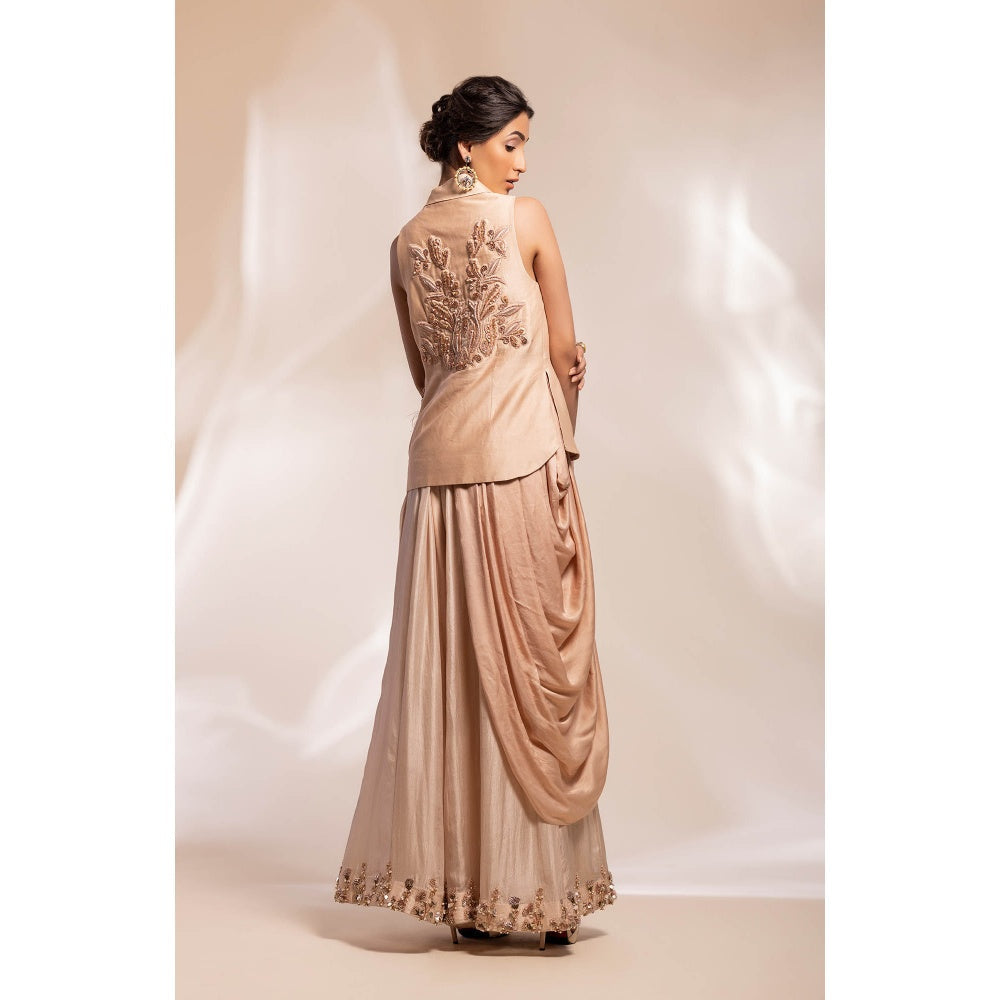 GEE SIN by Geetanjali Singh Champaign Jacket with a Chiffon Sharara (Set of 2)