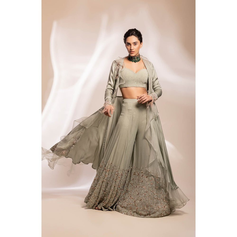 GEE SIN by Geetanjali Singh Green Modal Silk Open Jacket with Bustier & Sharara (Set of 3)