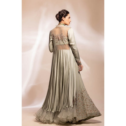 GEE SIN by Geetanjali Singh Green Modal Silk Open Jacket with Bustier & Sharara (Set of 3)