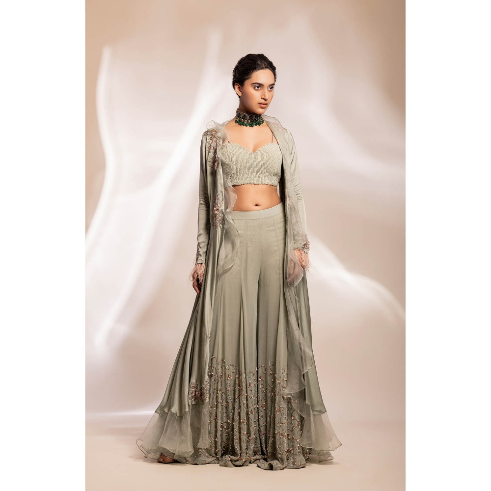 GEE SIN by Geetanjali Singh Green Modal Silk Open Jacket with Bustier & Sharara (Set of 3)