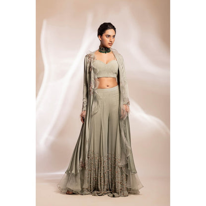 GEE SIN by Geetanjali Singh Green Modal Silk Open Jacket with Bustier & Sharara (Set of 3)