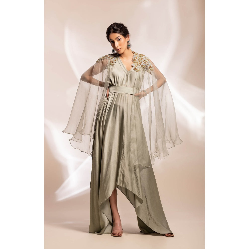 GEE SIN by Geetanjali Singh Sage Green Dress with Abstract Floral Motifs Cape (Set of 2)