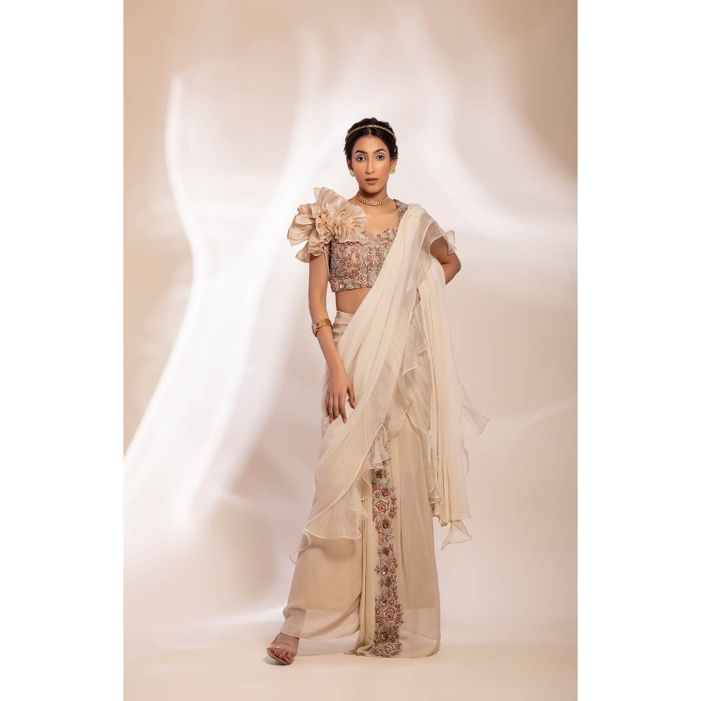 GEE SIN by Geetanjali Singh Pre Drape Stitched Saree in Gold with Stitched Blouse