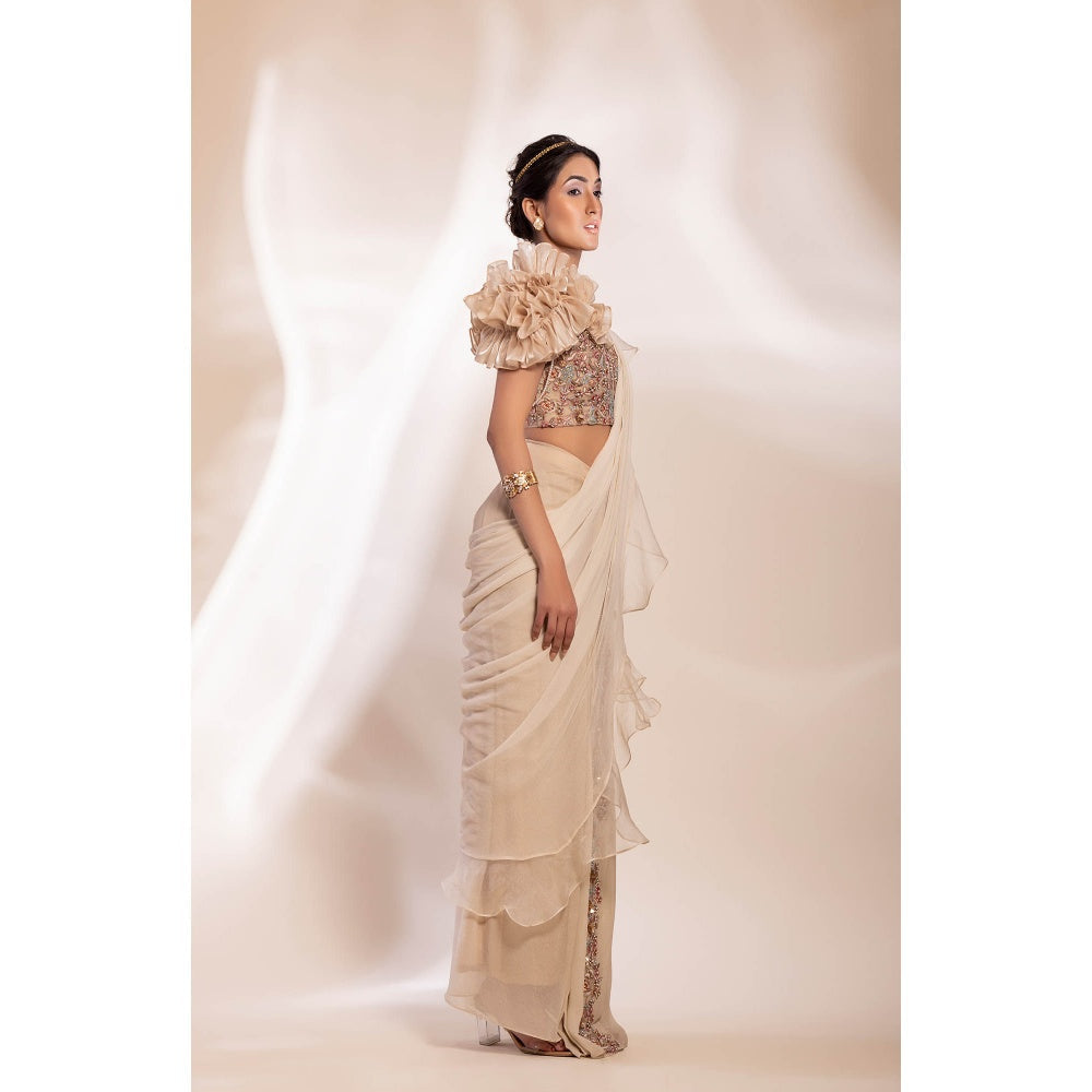 GEE SIN by Geetanjali Singh Pre Drape Stitched Saree in Gold with Stitched Blouse