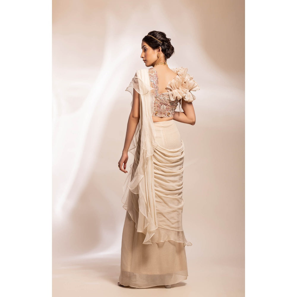 GEE SIN by Geetanjali Singh Pre Drape Stitched Saree in Gold with Stitched Blouse