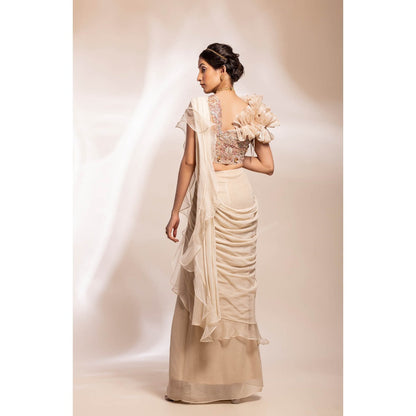 GEE SIN by Geetanjali Singh Pre Drape Stitched Saree in Gold with Stitched Blouse
