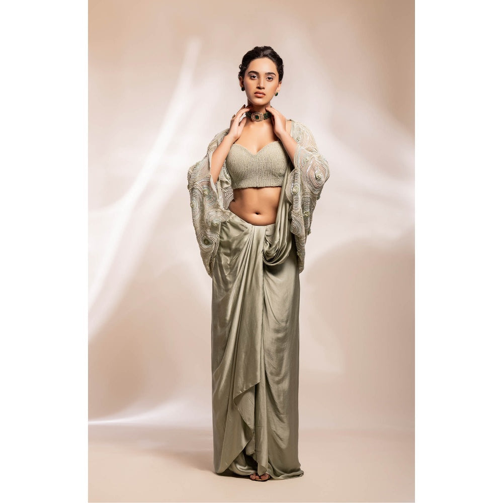 GEE SIN by Geetanjali Singh Sage Green Sheer Organza Cape with Bustier & Skirt (Set of 3)