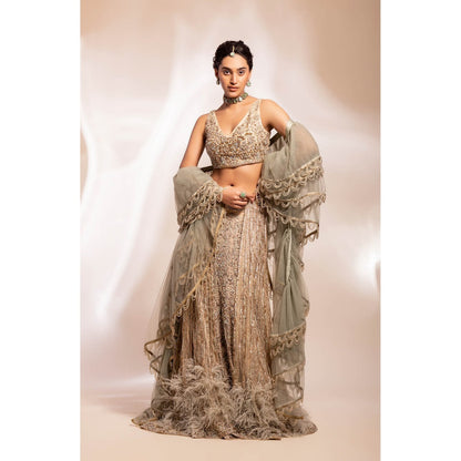 GEE SIN by Geetanjali Singh Ivory & Green Embroidered Lehenga with Blouse & Dupatta (Set of 3)