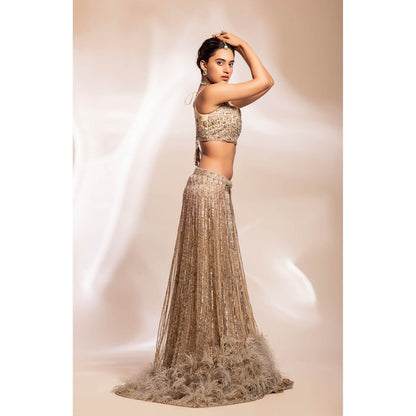 GEE SIN by Geetanjali Singh Ivory & Green Embroidered Lehenga with Blouse & Dupatta (Set of 3)