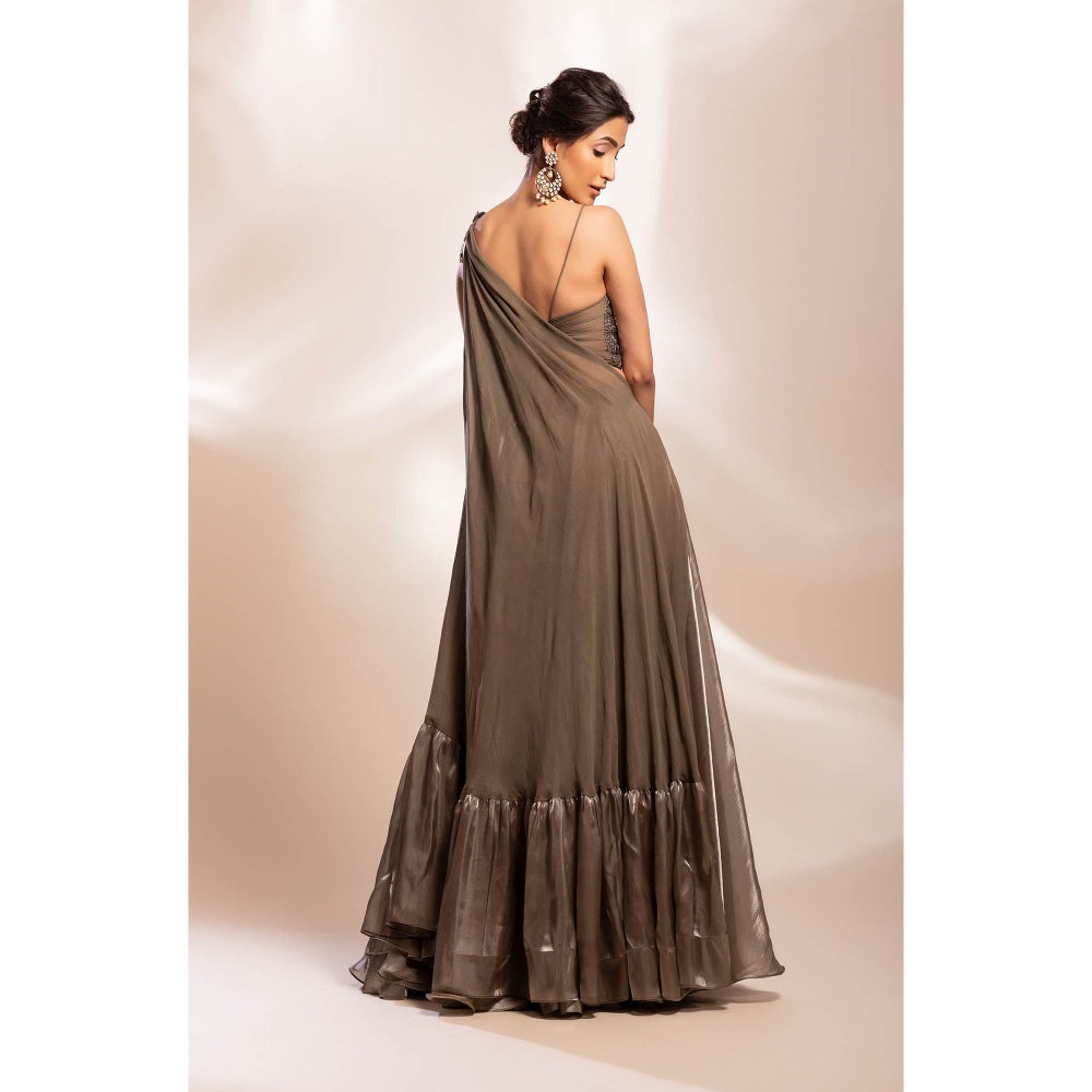 GEE SIN by Geetanjali Singh Grey Long Cape with Inner Blouse & Skirt (Set of 3)