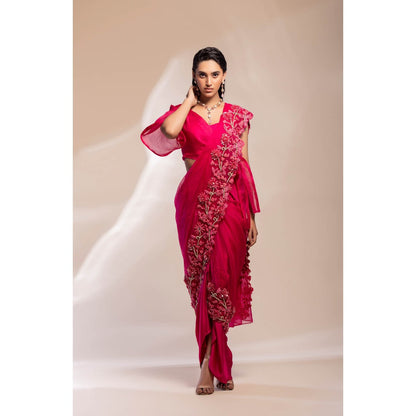 GEE SIN by Geetanjali Singh Fuchsia Saree with Sheer Organza Overlay & with Stitched Blouse