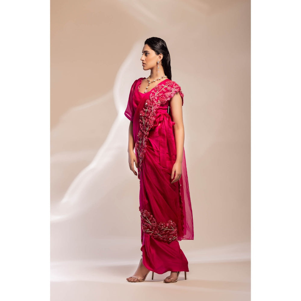 GEE SIN by Geetanjali Singh Fuchsia Saree with Sheer Organza Overlay & with Stitched Blouse