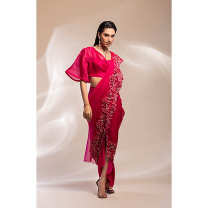 GEE SIN by Geetanjali Singh Fuchsia Saree with Sheer Organza Overlay & with Stitched Blouse