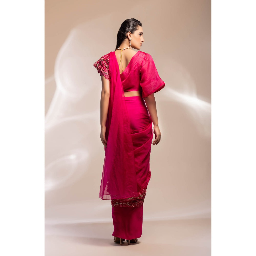 GEE SIN by Geetanjali Singh Fuchsia Saree with Sheer Organza Overlay & with Stitched Blouse