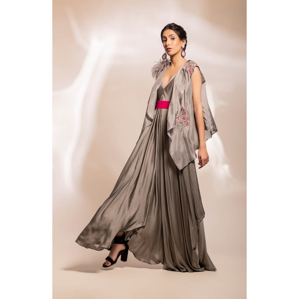 GEE SIN by Geetanjali Singh Grey Dress with Fuchsia Satin Belt & Jacket (Set of 3)