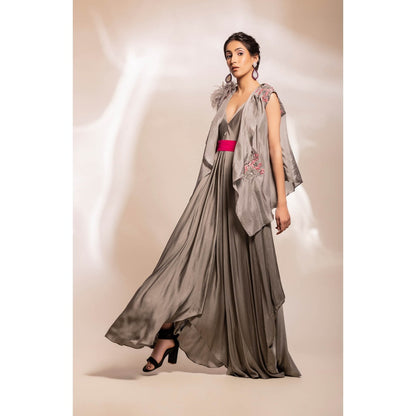 GEE SIN by Geetanjali Singh Grey Dress with Fuchsia Satin Belt & Jacket (Set of 3)