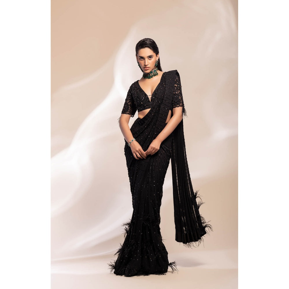 GEE SIN by Geetanjali Singh Black Pre-Draped Saree with Waistcoat & Belt with Stitched Blouse