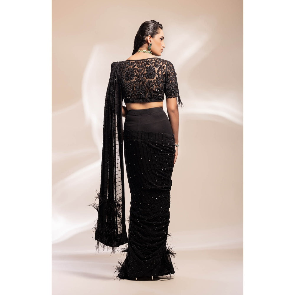 GEE SIN by Geetanjali Singh Black Pre-Draped Saree with Waistcoat & Belt with Stitched Blouse