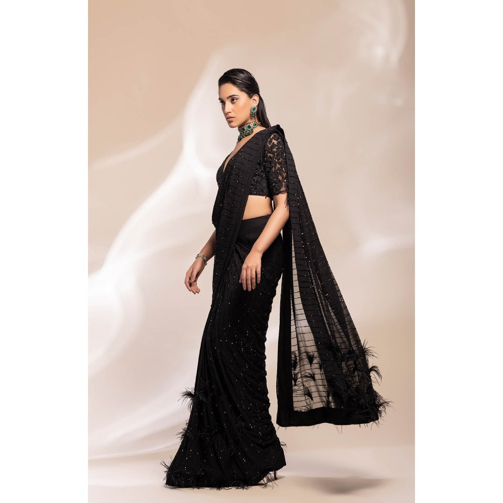 GEE SIN by Geetanjali Singh Black Pre-Draped Saree with Waistcoat & Belt with Stitched Blouse