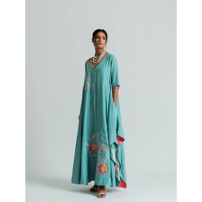 GEE SIN by Geetanjali Singh Turquoise Silk Mul Tunic Dress with Floral Patchwork