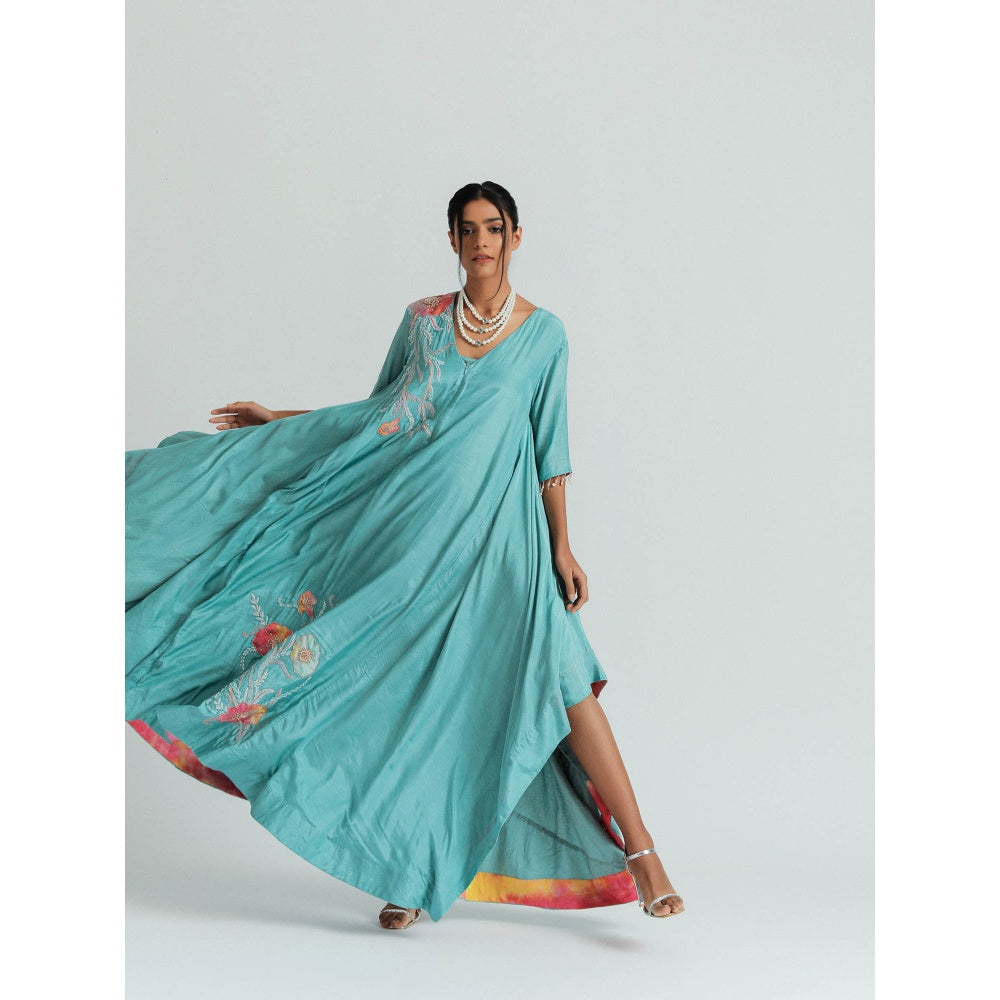 GEE SIN by Geetanjali Singh Turquoise Silk Mul Tunic Dress with Floral Patchwork