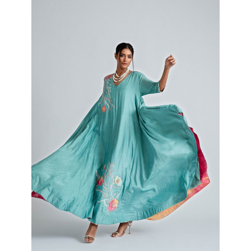 GEE SIN by Geetanjali Singh Turquoise Silk Mul Tunic Dress with Floral Patchwork