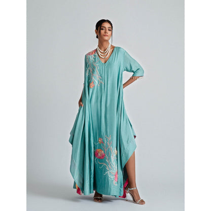 GEE SIN by Geetanjali Singh Turquoise Silk Mul Tunic Dress with Floral Patchwork