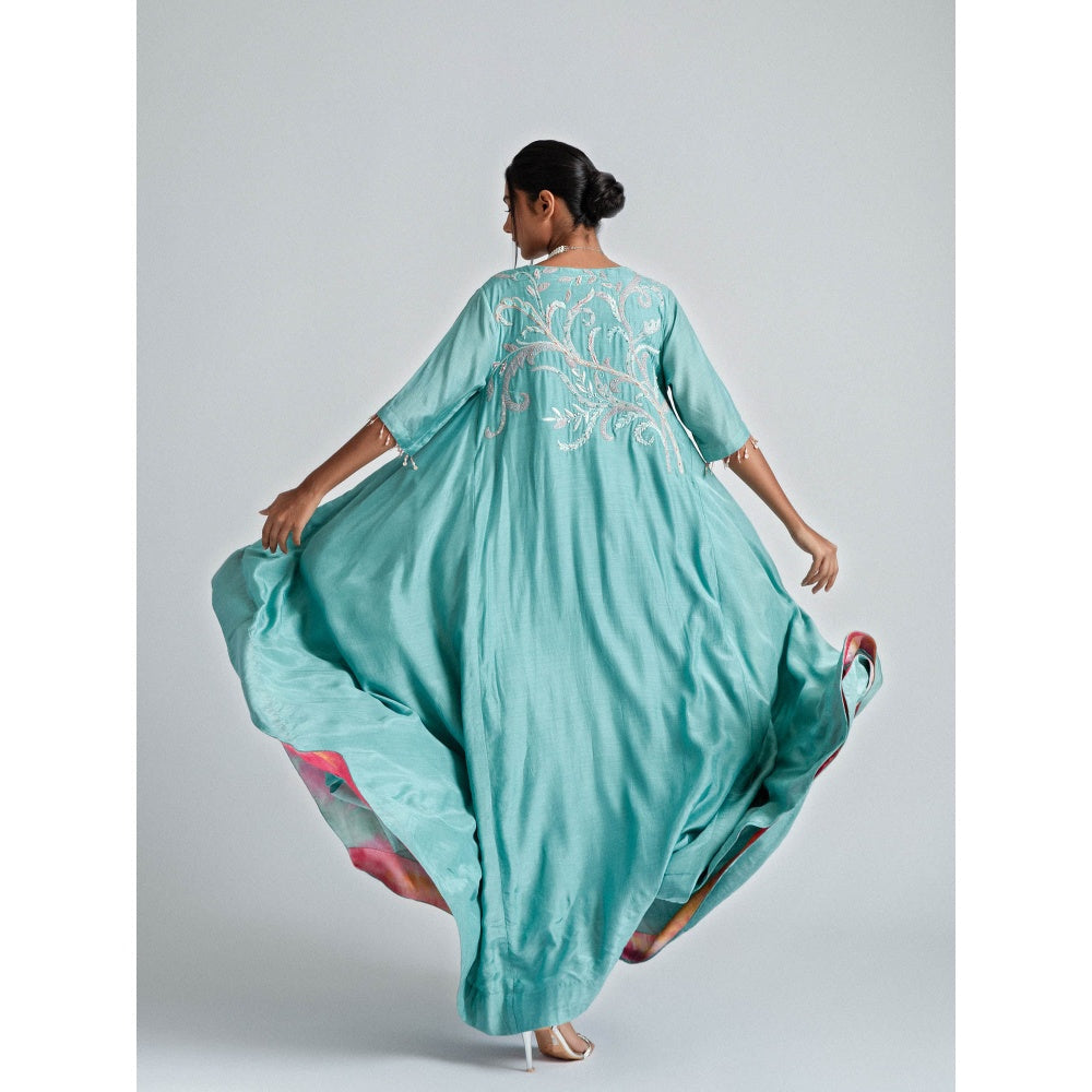 GEE SIN by Geetanjali Singh Turquoise Silk Mul Tunic Dress with Floral Patchwork