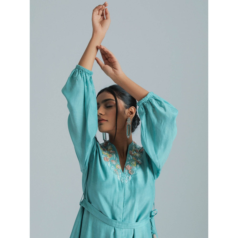GEE SIN by Geetanjali Singh Aqua Ombre Tunic Jacket with a Belt & Fusion Dhoti (Set of 3)