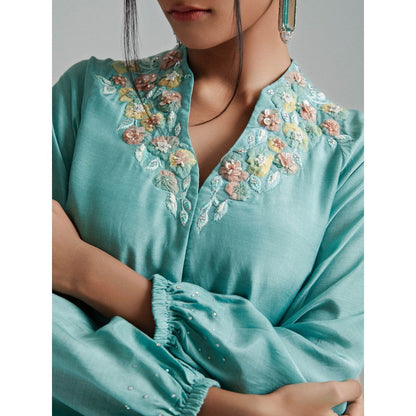 GEE SIN by Geetanjali Singh Aqua Ombre Tunic Jacket with a Belt & Fusion Dhoti (Set of 3)