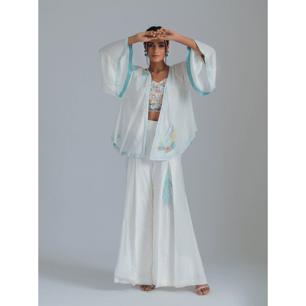 GEE SIN by Geetanjali Singh White Asymmetrical Jacket with Flared Pants & Bustier (Set of 3)