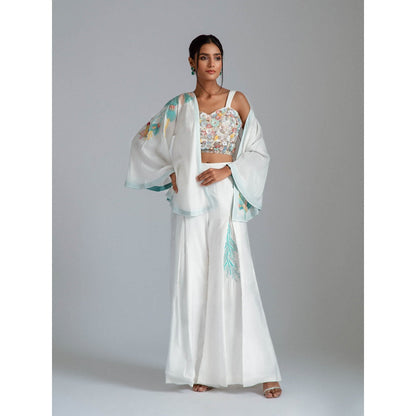 GEE SIN by Geetanjali Singh White Asymmetrical Jacket with Flared Pants & Bustier (Set of 3)