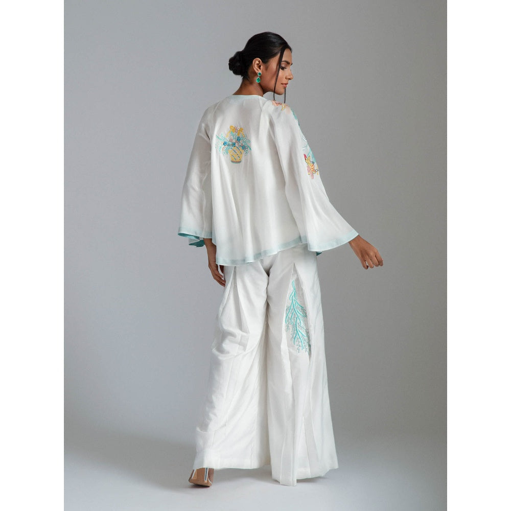 GEE SIN by Geetanjali Singh White Asymmetrical Jacket with Flared Pants & Bustier (Set of 3)
