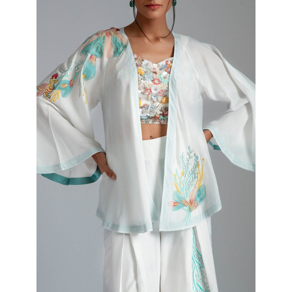 GEE SIN by Geetanjali Singh White Asymmetrical Jacket with Flared Pants & Bustier (Set of 3)