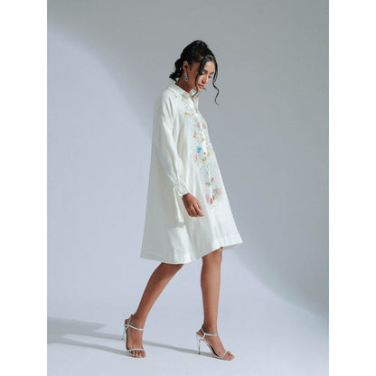 GEE SIN by Geetanjali Singh White Shirt Dress with Lace, Beadwork, & Charming Motifs