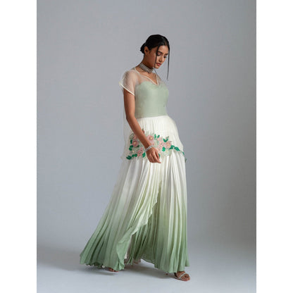 GEE SIN by Geetanjali Singh Green Organza Top, Bustier & Ombre Skirt (Set of 3)