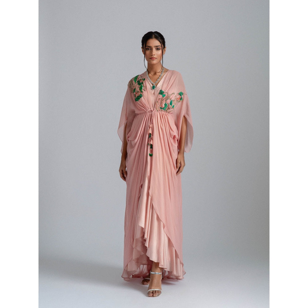 GEE SIN by Geetanjali Singh Peach Dress with A Kaftan Jacket with Inner Drape (Set of 2)
