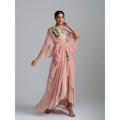 GEE SIN by Geetanjali Singh Peach Dress with A Kaftan Jacket with Inner Drape (Set of 2)