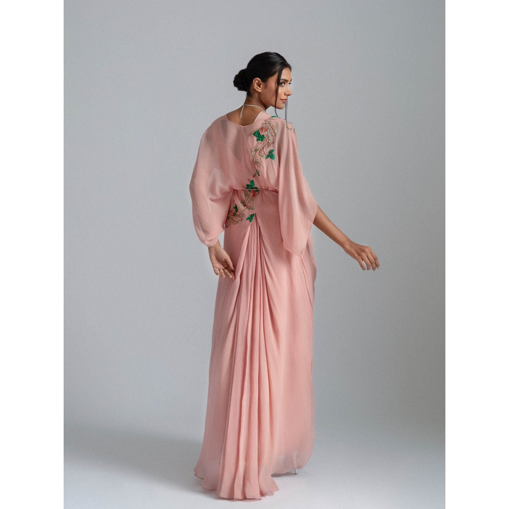 GEE SIN by Geetanjali Singh Peach Dress with A Kaftan Jacket with Inner Drape (Set of 2)