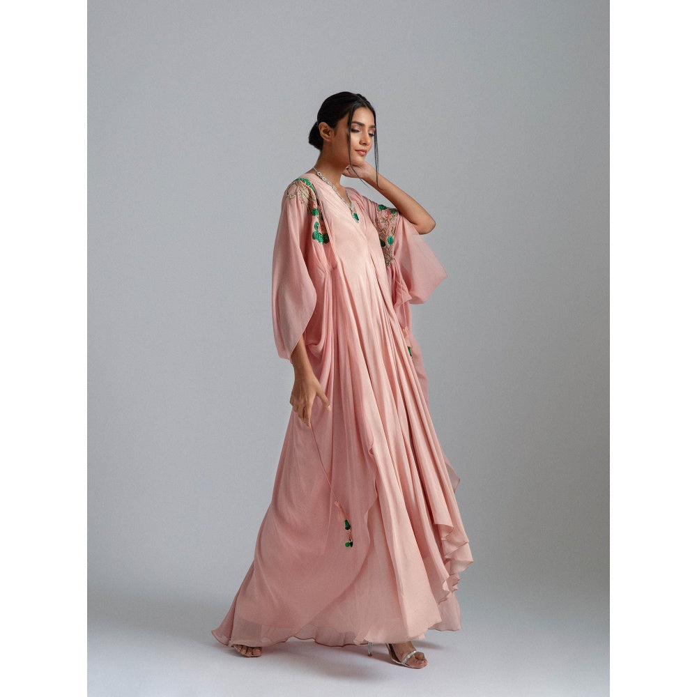 GEE SIN by Geetanjali Singh Peach Dress with A Kaftan Jacket with Inner Drape (Set of 2)