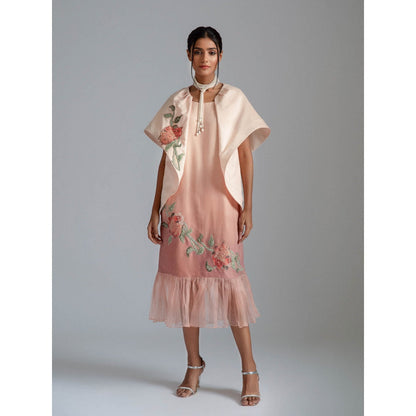 GEE SIN by Geetanjali Singh Peach Ombre Midi Dress with Cape Jacket (Set of 2)