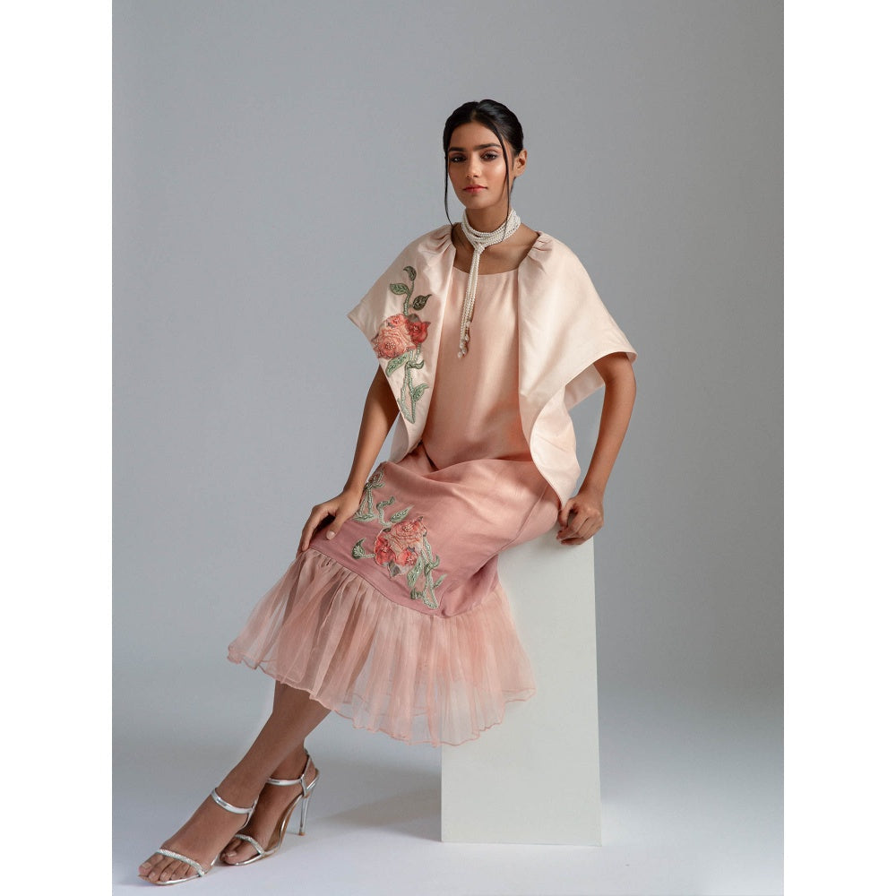GEE SIN by Geetanjali Singh Peach Ombre Midi Dress with Cape Jacket (Set of 2)